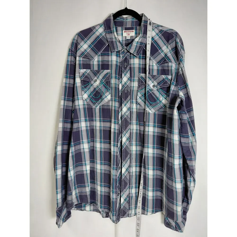 True Religion Brand Plaid Relaxed Fit Western Button-Up Shirt Men Size 2XL